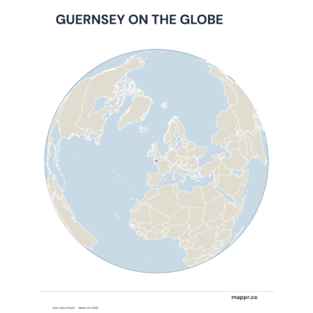 A map highlighting Guernsey's location on a globe, marked with a red outline.