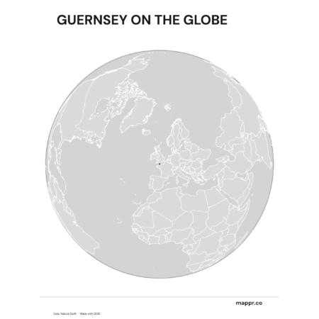 A map highlighting Guernsey's location on a globe, marked with a red outline (black and white).