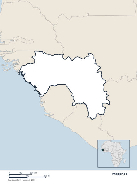 Blank political map of Guinea showing its international borders without labels.