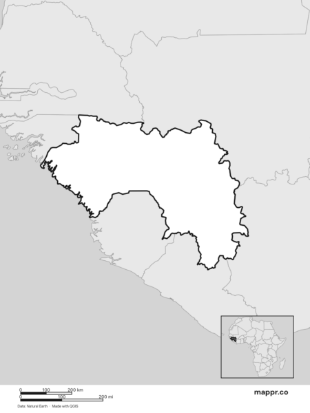 Blank political map of Guinea showing its international borders without labels (black and white).