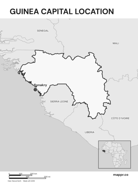 Detailed map pinpointing Conakry, the capital of Guinea (black and white).