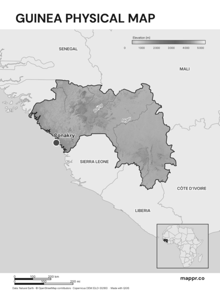 Map featuring Conakry, the capital of Guinea, with rich topographical detail (black and white).
