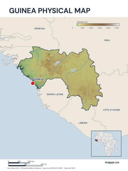 Map featuring Conakry, the capital of Guinea, with rich topographical detail.