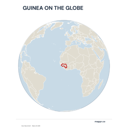 A map highlighting Guinea's location on a globe, marked with a red outline.