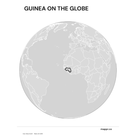 A map highlighting Guinea's location on a globe, marked with a red outline (black and white).