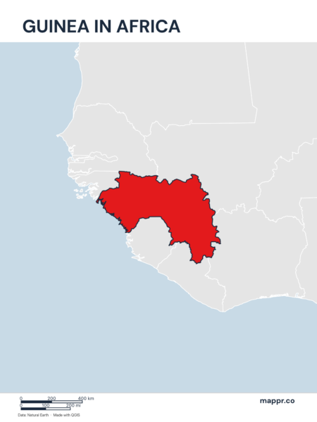 A map highlighting Guinea's location on the african continent.