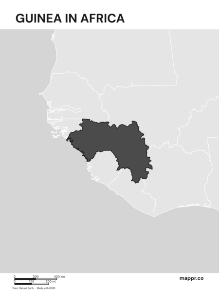 A map highlighting Guinea's location on the african continent (black and white).