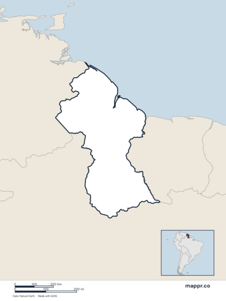 Blank political map of Guyana showing its international borders without labels.