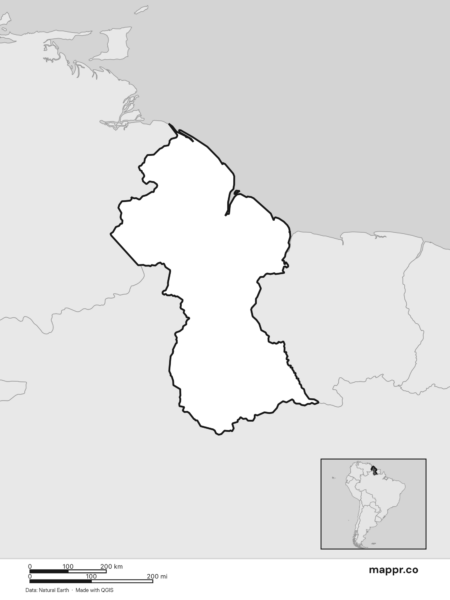 Blank political map of Guyana showing its international borders without labels (black and white).