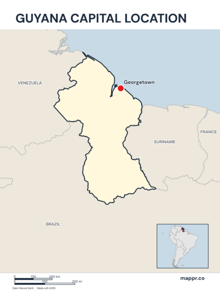 Detailed map pinpointing Georgetown, the capital of Guyana.