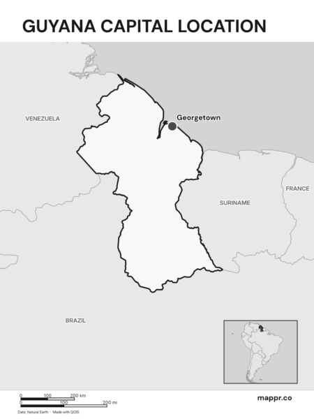 Detailed map pinpointing Georgetown, the capital of Guyana (black and white).
