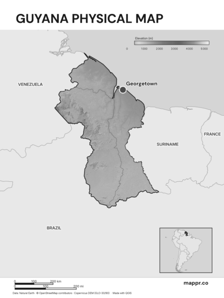 Map featuring Georgetown, the capital of Guyana, with rich topographical detail (black and white).