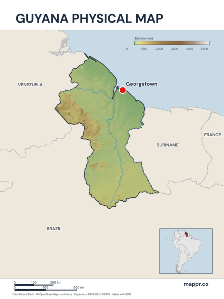 Map featuring Georgetown, the capital of Guyana, with rich topographical detail.