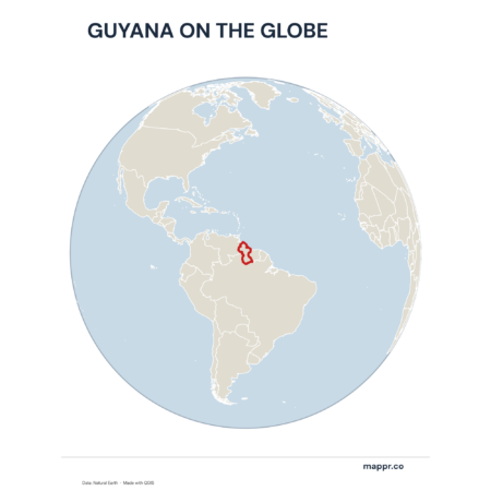 A map highlighting Guyana's location on a globe, marked with a red outline.