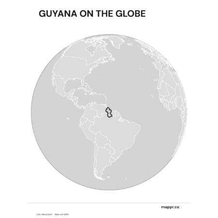 A map highlighting Guyana's location on a globe, marked with a red outline (black and white).