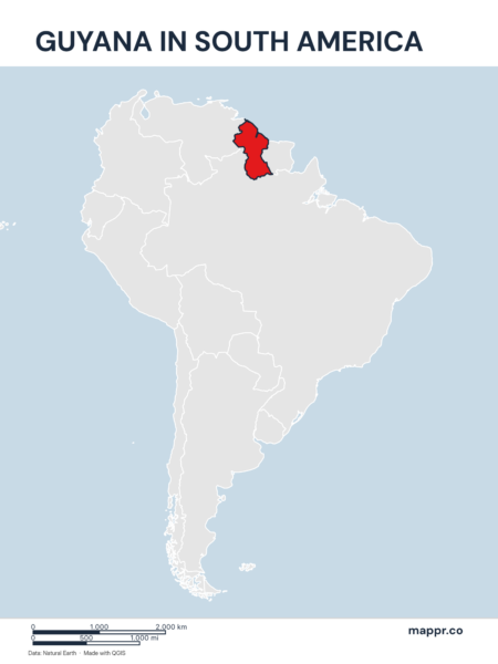 A map highlighting Guyana's location on the south american continent.