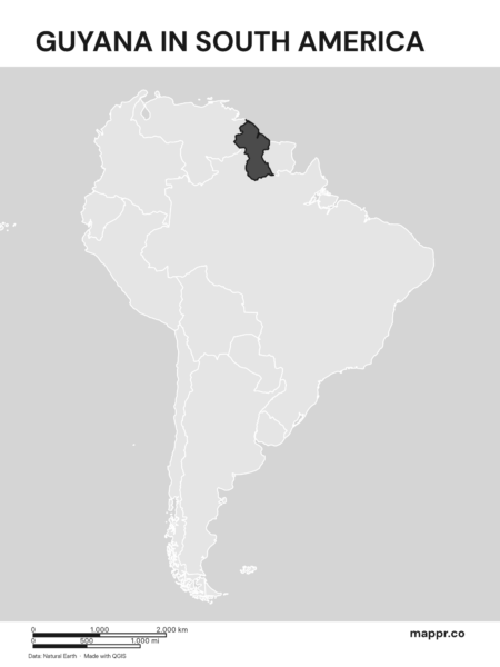 A map highlighting Guyana's location on the south american continent (black and white).