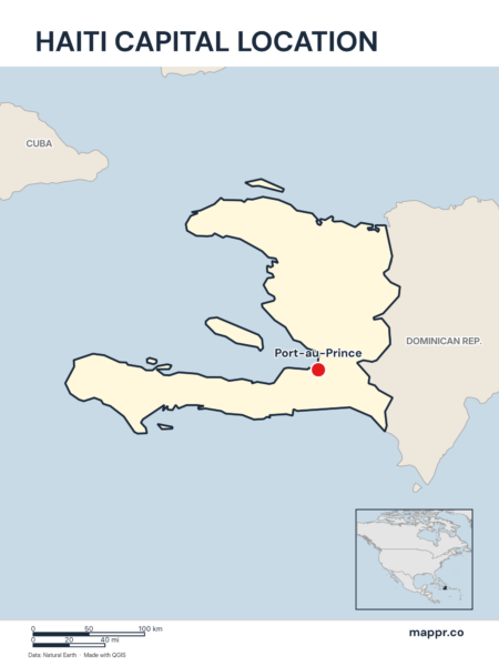 Detailed map pinpointing Port-au-Prince, the capital of Haiti.