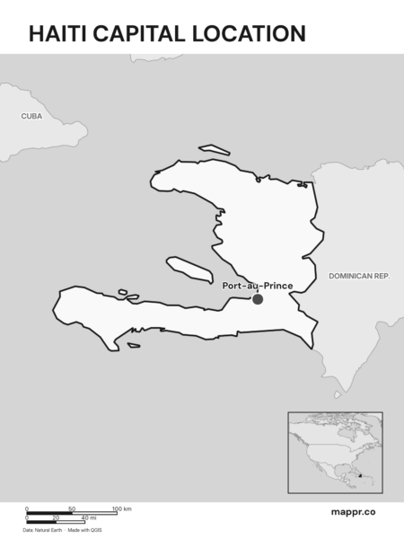 Detailed map pinpointing Port-au-Prince, the capital of Haiti (black and white).