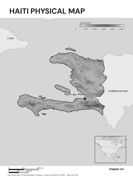 Map featuring Port-au-Prince, the capital of Haiti, with rich topographical detail (black and white).