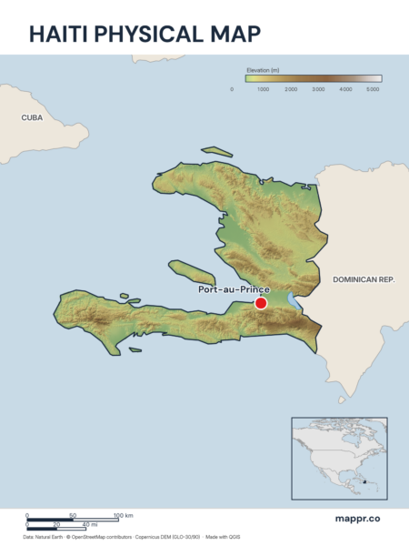 Map featuring Port-au-Prince, the capital of Haiti, with rich topographical detail.