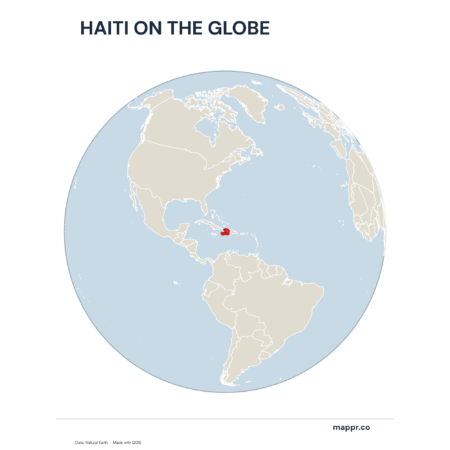 A map highlighting Haiti's location on a globe, marked with a red outline.
