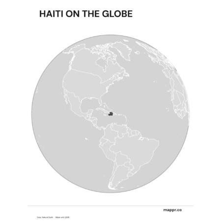 A map highlighting Haiti's location on a globe, marked with a red outline (black and white).