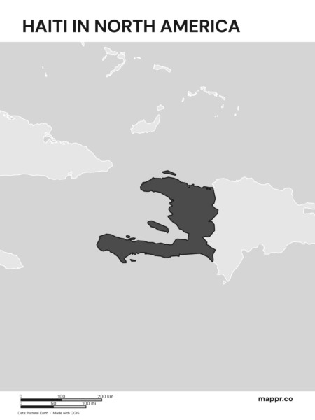 A map highlighting Haiti's location on the north american continent (black and white).