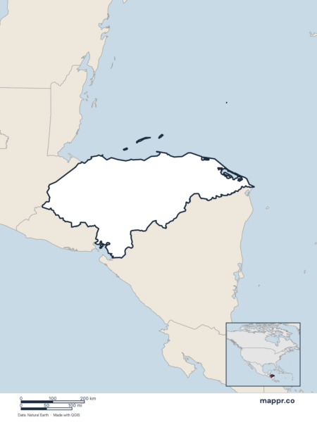 Blank political map of Honduras showing its international borders without labels.