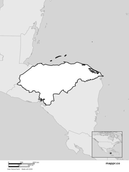 Blank political map of Honduras showing its international borders without labels (black and white).