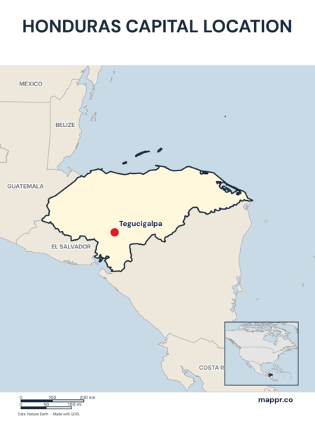 Detailed map pinpointing Tegucigalpa, the capital of Honduras.