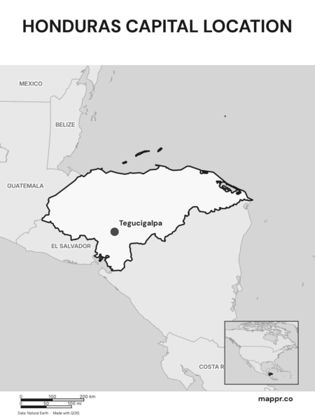 Detailed map pinpointing Tegucigalpa, the capital of Honduras (black and white).