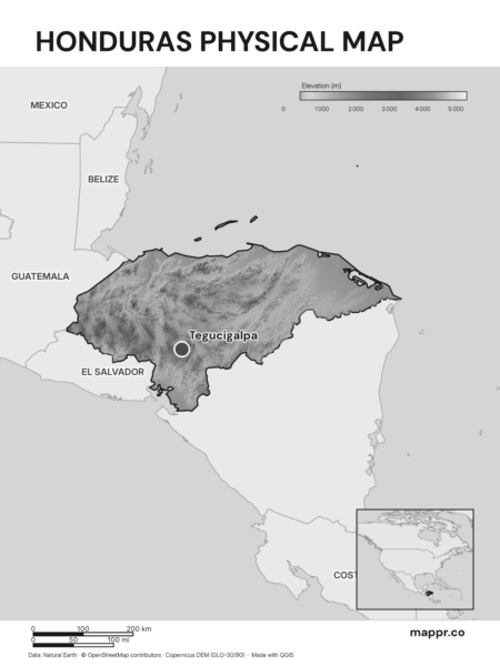 Map featuring Tegucigalpa, the capital of Honduras, with rich topographical detail (black and white).