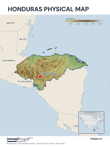 Map featuring Tegucigalpa, the capital of Honduras, with rich topographical detail.