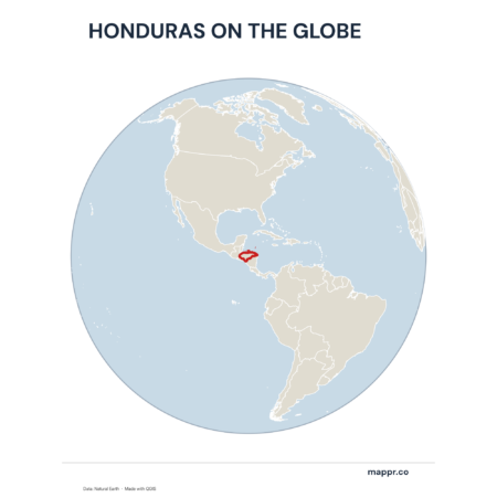 A map highlighting Honduras's location on a globe, marked with a red outline.