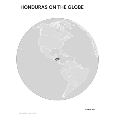 A map highlighting Honduras's location on a globe, marked with a red outline (black and white).