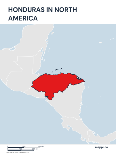 A map highlighting Honduras's location on the north american continent.