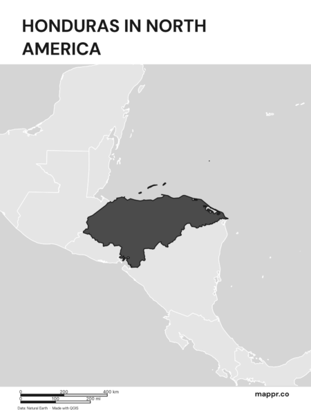 A map highlighting Honduras's location on the north american continent (black and white).