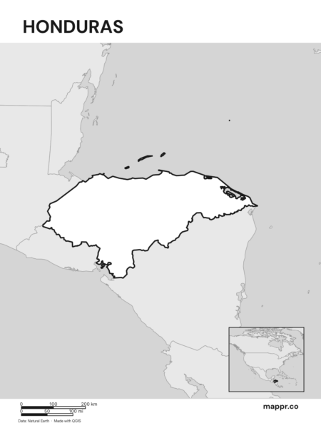 Outline map of Honduras with detailed country borders (black and white).