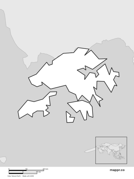Blank political map of Hong Kong showing its international borders without labels (black and white).
