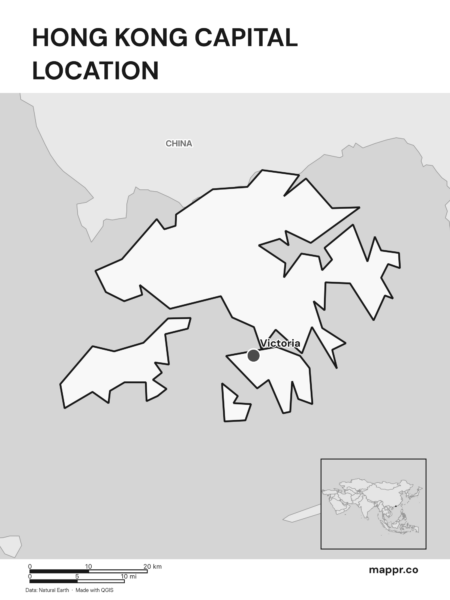 Detailed map pinpointing Victoria, the capital of Hong Kong (black and white).