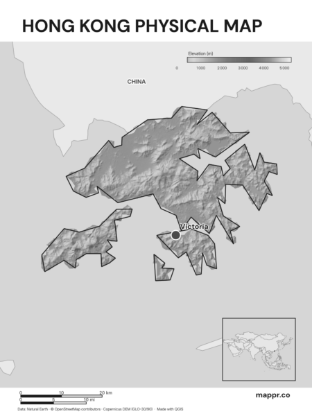 Map featuring Victoria, the capital of Hong Kong, with rich topographical detail (black and white).