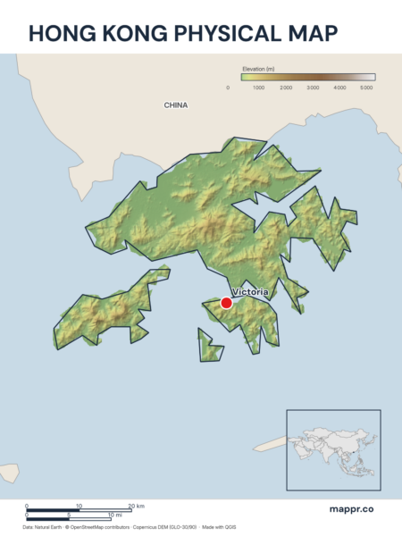 Map featuring Victoria, the capital of Hong Kong, with rich topographical detail.