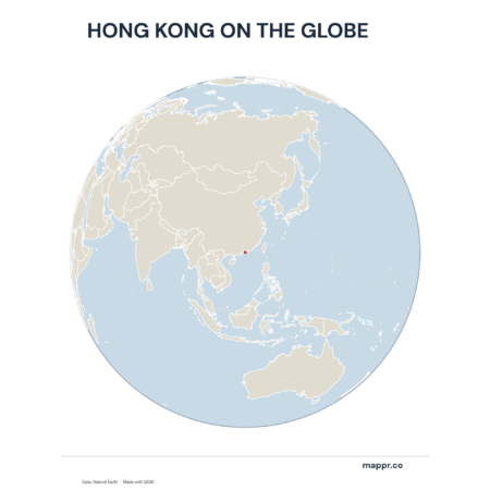 A map highlighting Hong Kong's location on a globe, marked with a red outline.