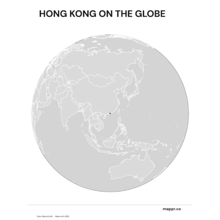 A map highlighting Hong Kong's location on a globe, marked with a red outline (black and white).