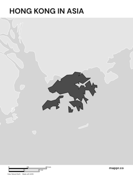 A map highlighting Hong Kong's location on the asian continent (black and white).