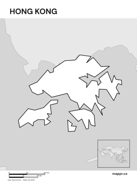 Outline map of Hong Kong with detailed country borders (black and white).