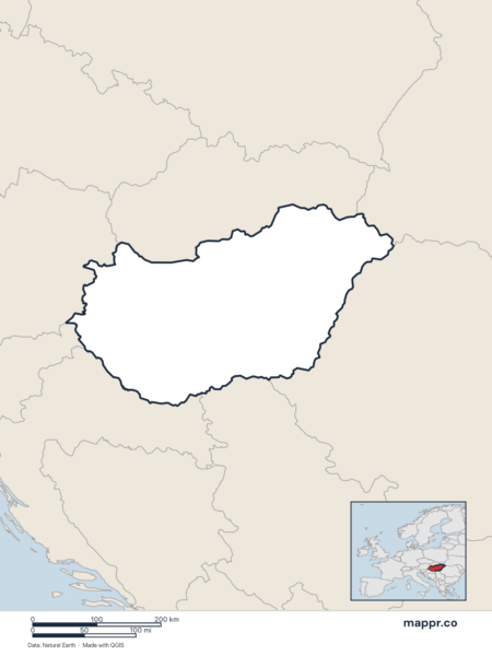 Blank political map of Hungary showing its international borders without labels.