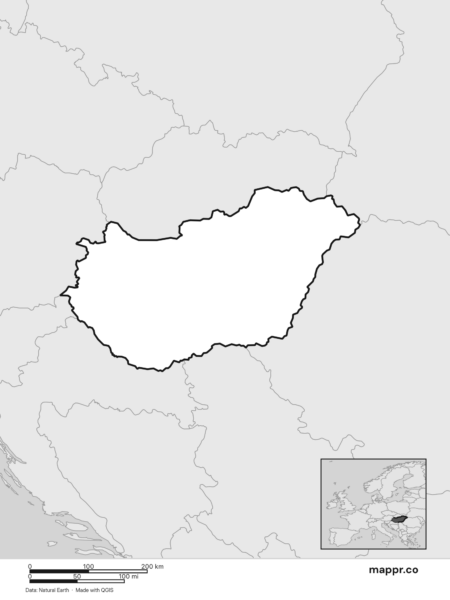 Blank political map of Hungary showing its international borders without labels (black and white).