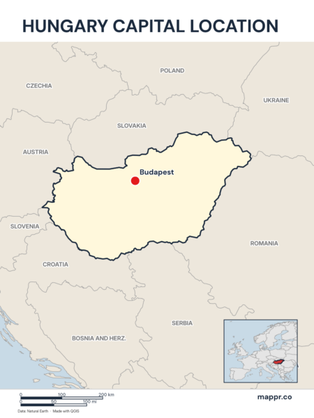 Detailed map pinpointing Budapest, the capital of Hungary.